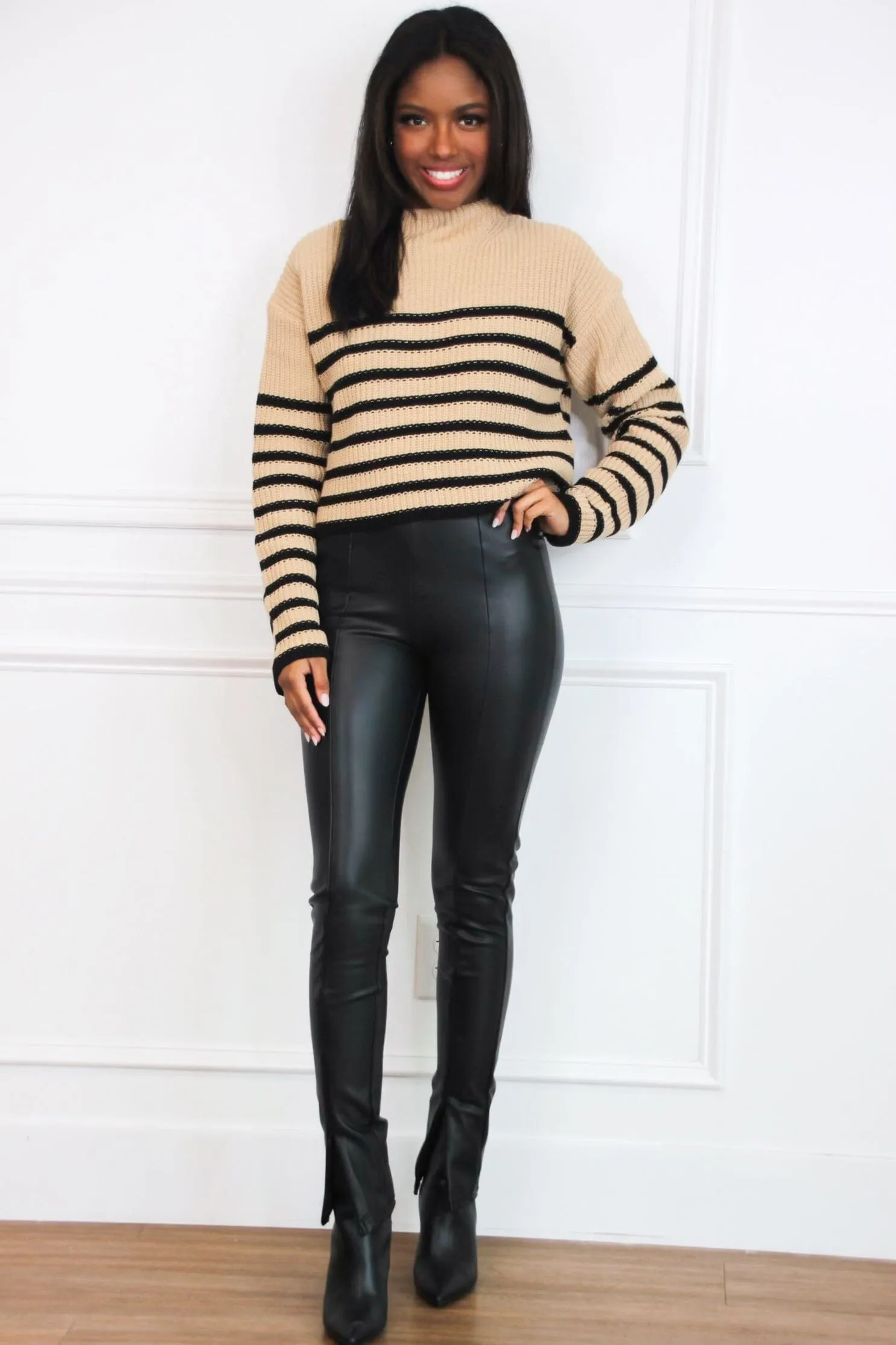 New York Nights Faux Leather Slit Pants: Black