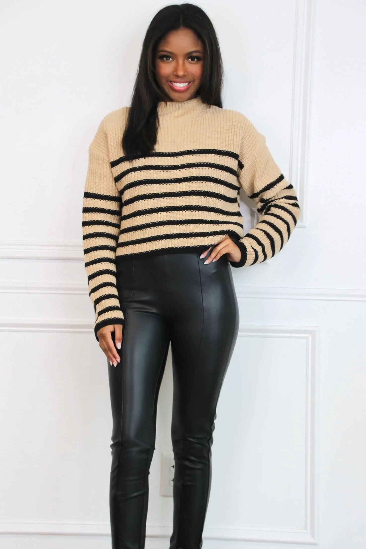 New York Nights Faux Leather Slit Pants: Black
