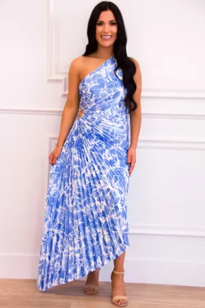 Novelle One Shoulder Pleated Asymmetrical Maxi Dress: Blue Star Floral