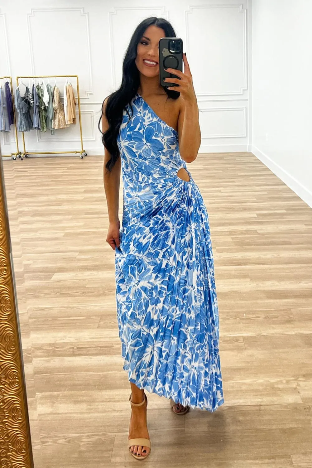 Novelle One Shoulder Pleated Asymmetrical Maxi Dress: Blue Star Floral