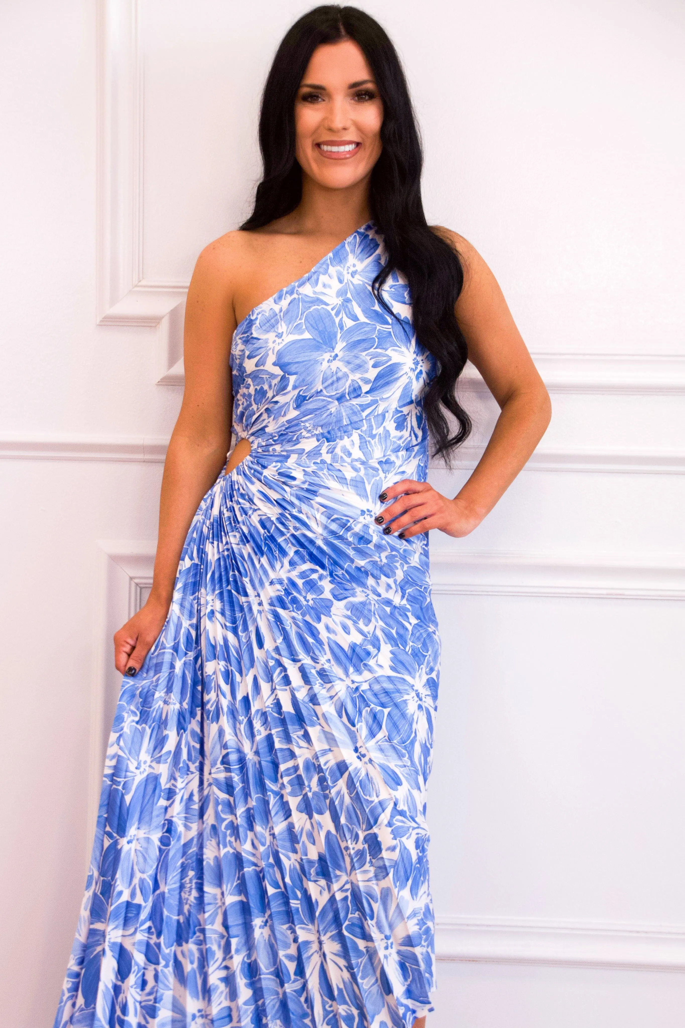 Novelle One Shoulder Pleated Asymmetrical Maxi Dress: Blue Star Floral