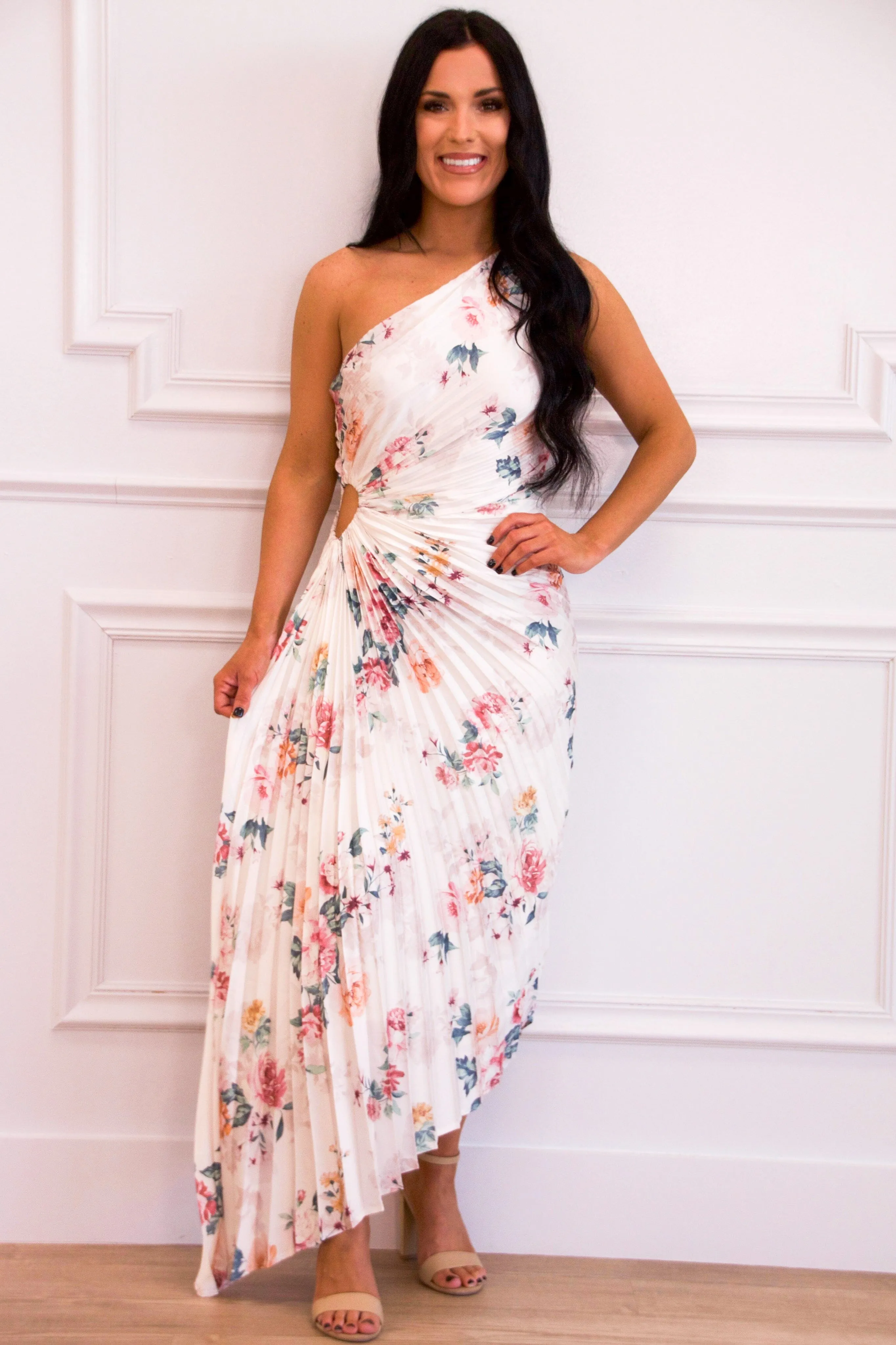 Novelle One Shoulder Pleated Asymmetrical Maxi Dress: Rose Cloud White Floral Multi