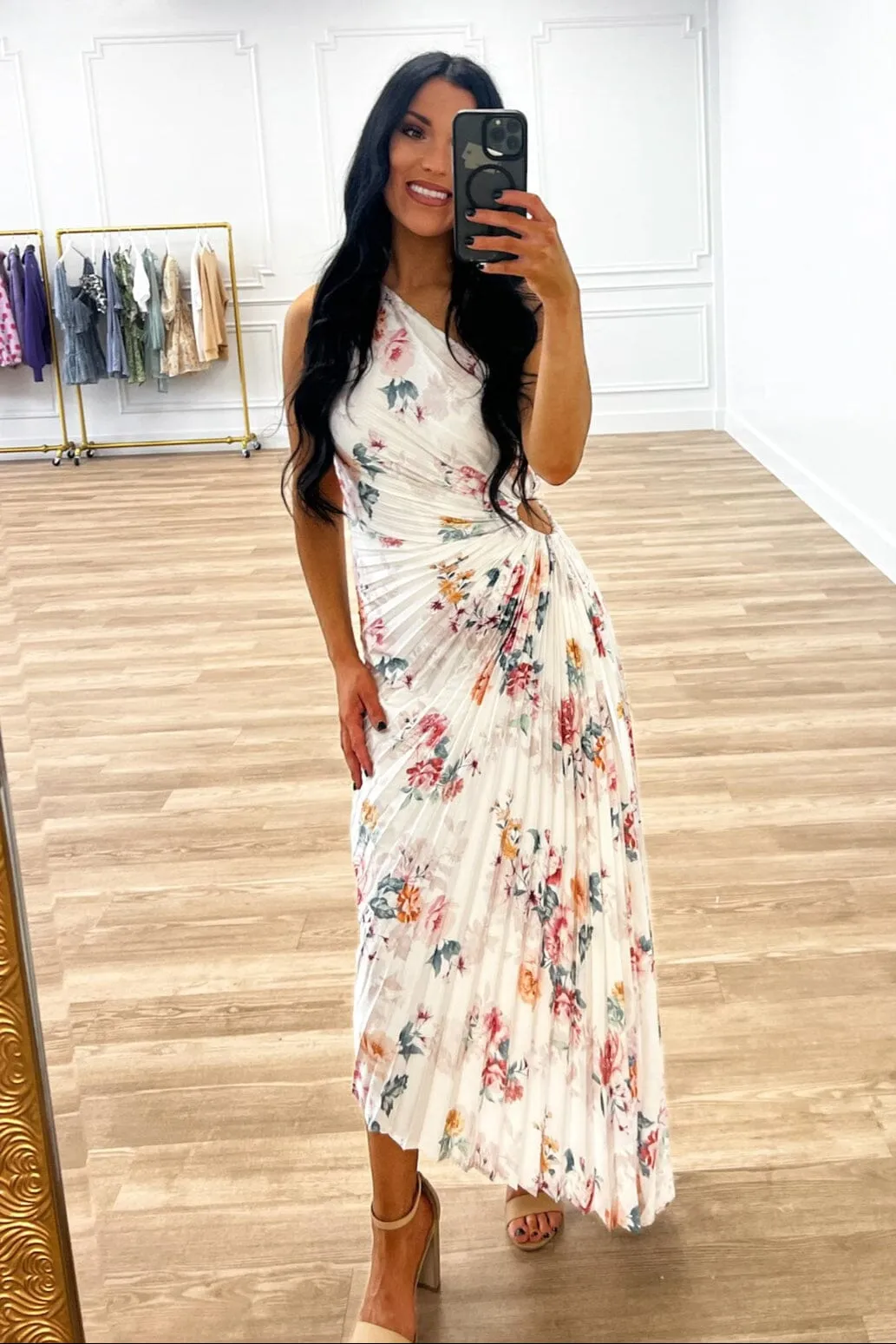Novelle One Shoulder Pleated Asymmetrical Maxi Dress: Rose Cloud White Floral Multi