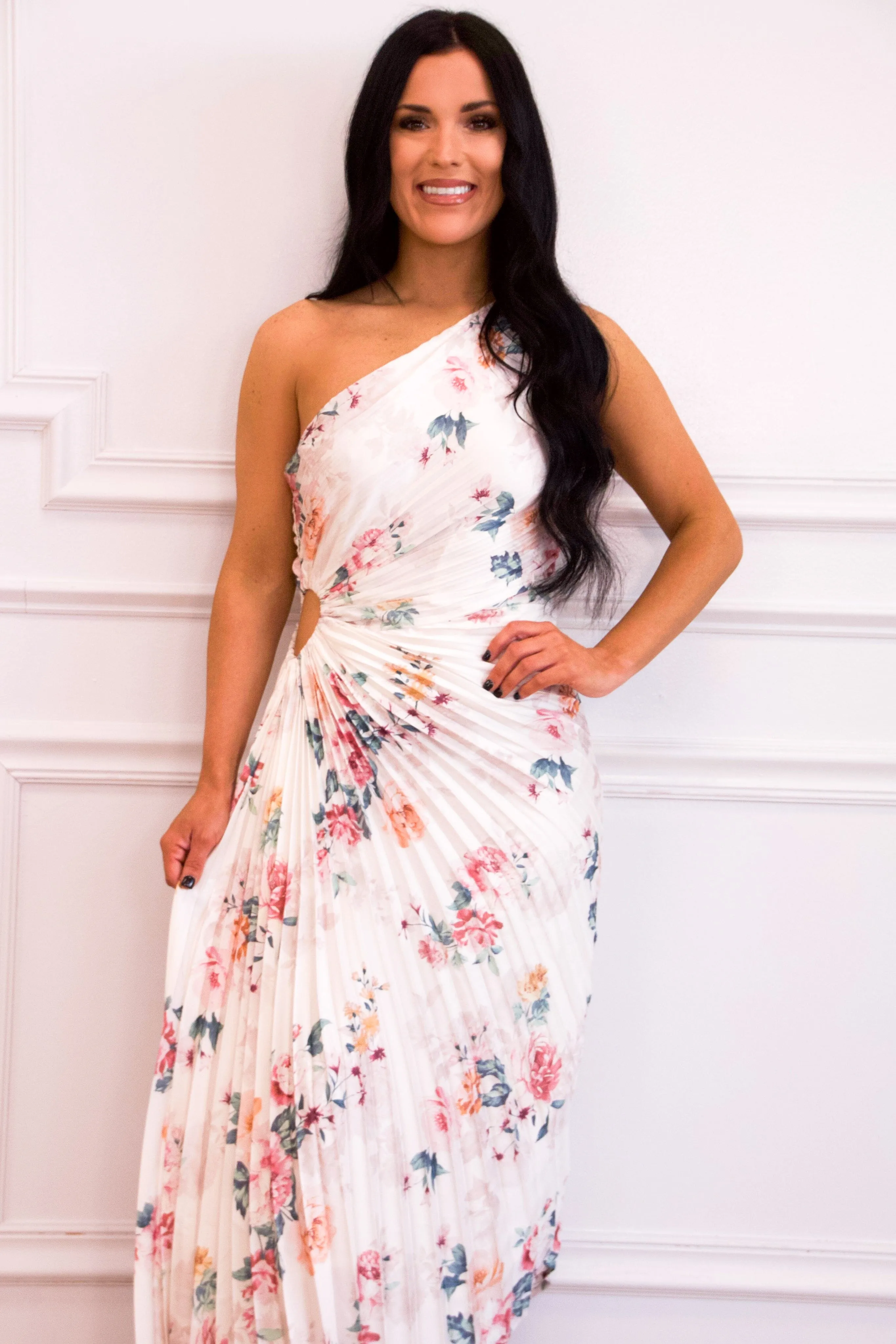 Novelle One Shoulder Pleated Asymmetrical Maxi Dress: Rose Cloud White Floral Multi
