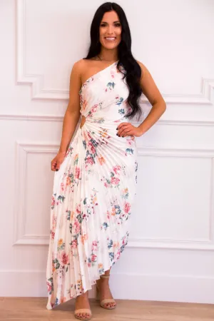 Novelle One Shoulder Pleated Asymmetrical Maxi Dress: Rose Cloud White Floral Multi