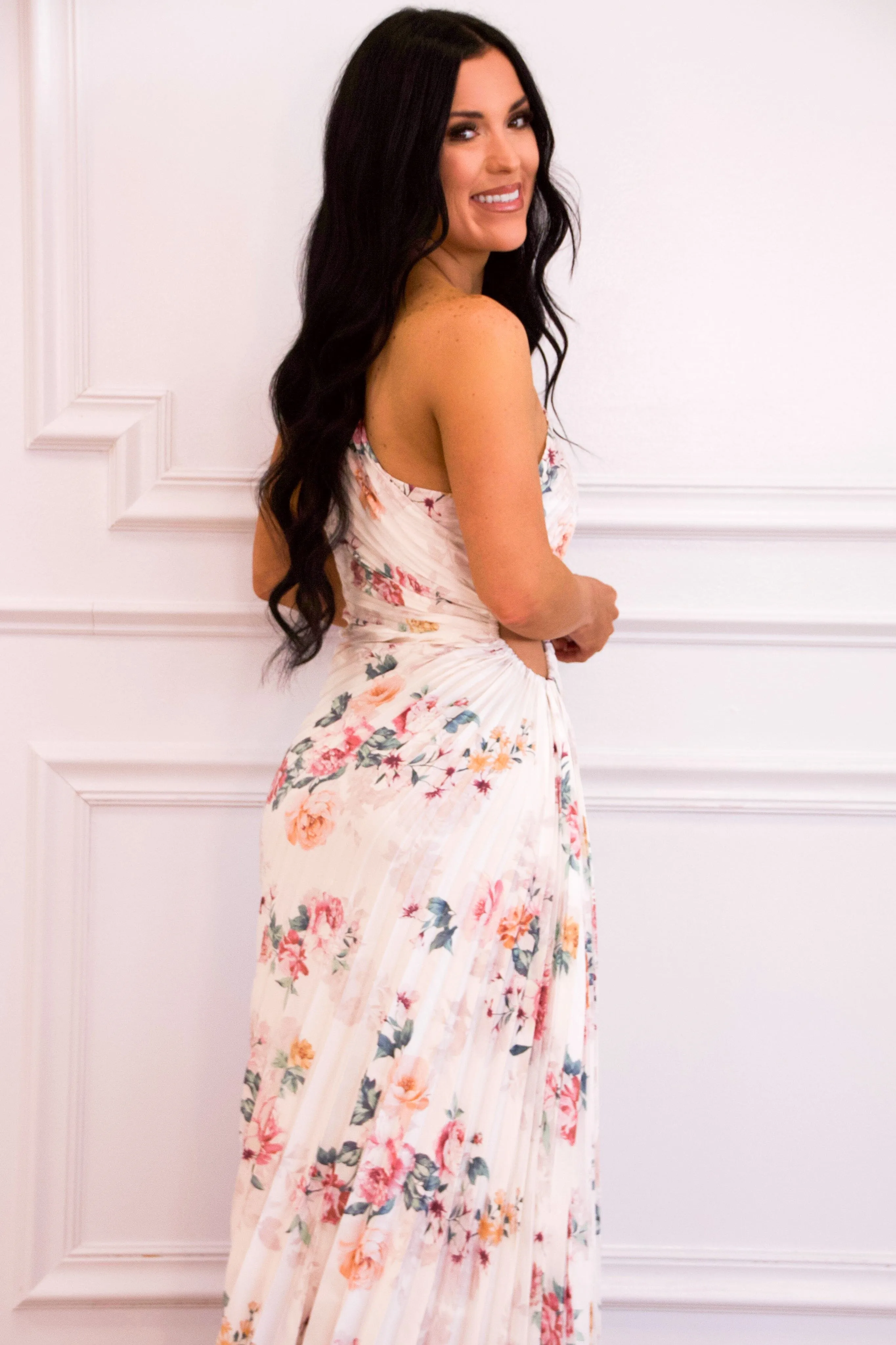 Novelle One Shoulder Pleated Asymmetrical Maxi Dress: Rose Cloud White Floral Multi
