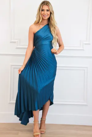 Novelle One Shoulder Pleated Asymmetrical Maxi Dress: Sapphire Blue