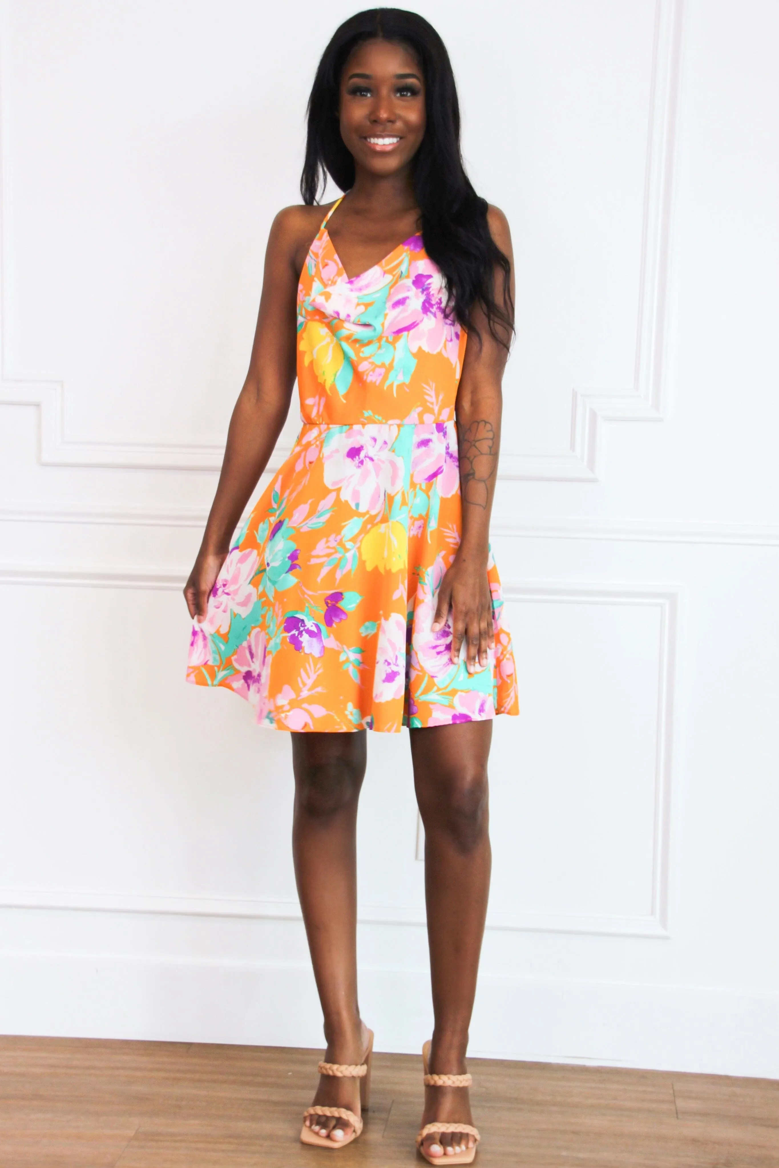 Oahu Floral Cowl Neck Satin Dress: Orange Multi