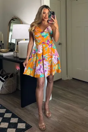 Oahu Floral Cowl Neck Satin Dress: Orange Multi