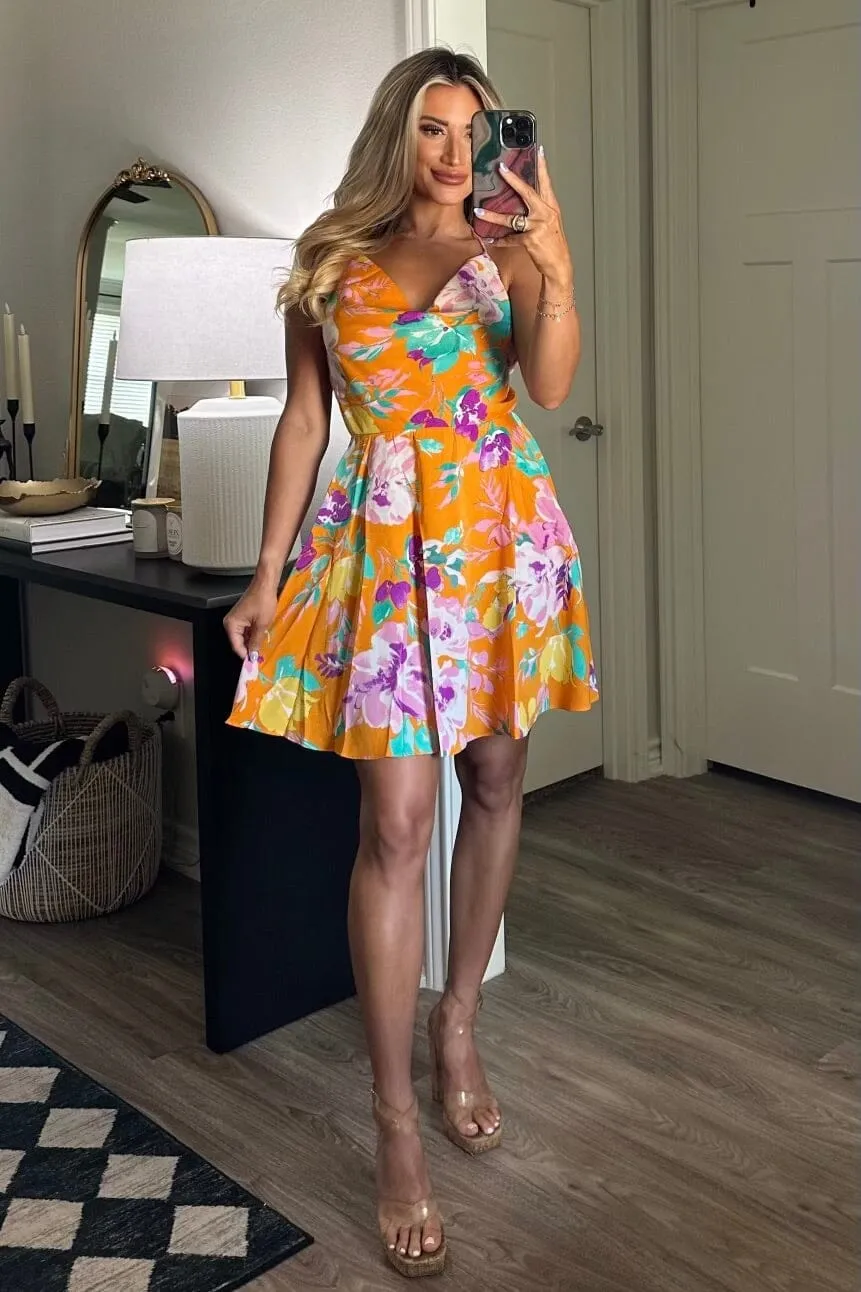 Oahu Floral Cowl Neck Satin Dress: Orange Multi