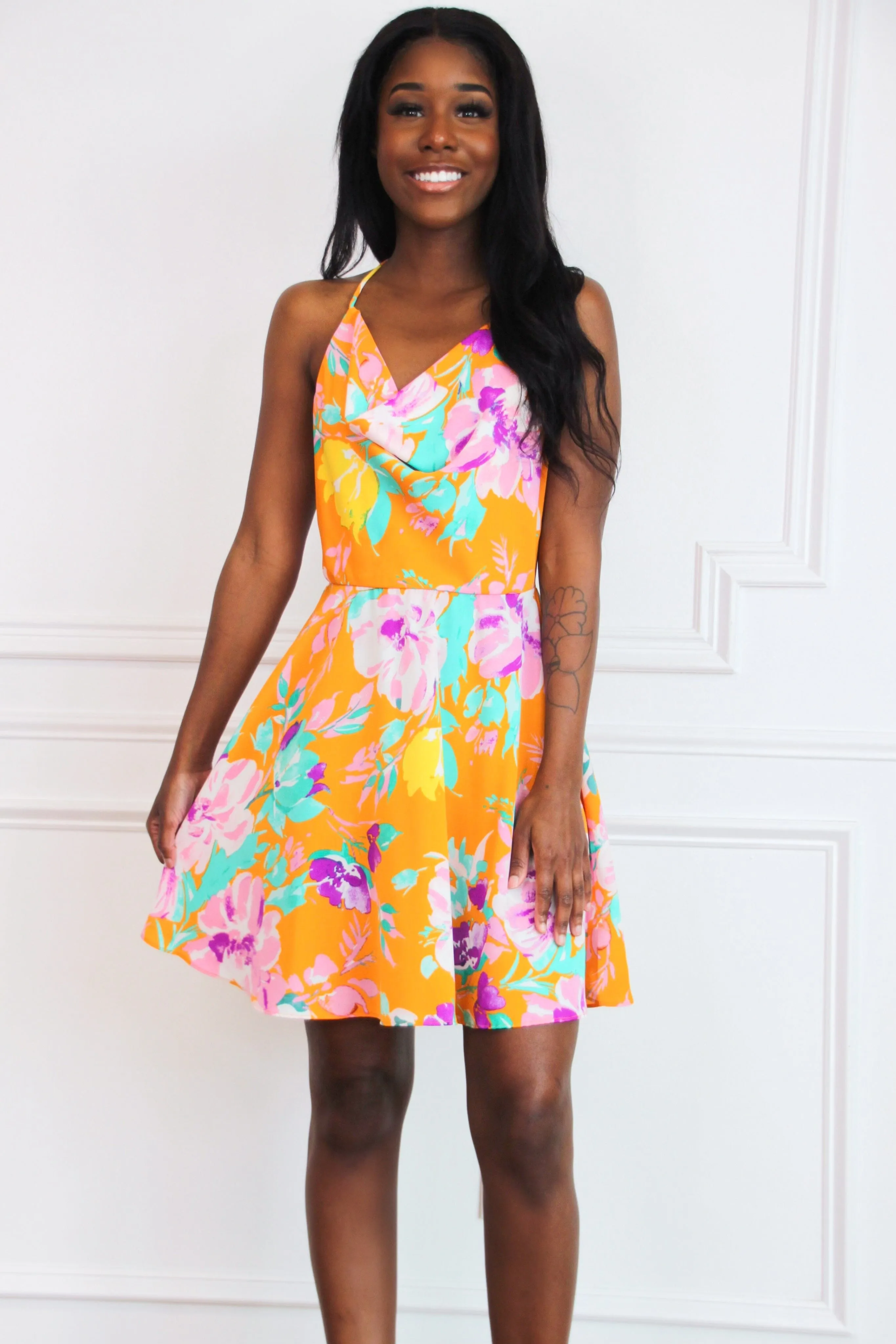 Oahu Floral Cowl Neck Satin Dress: Orange Multi