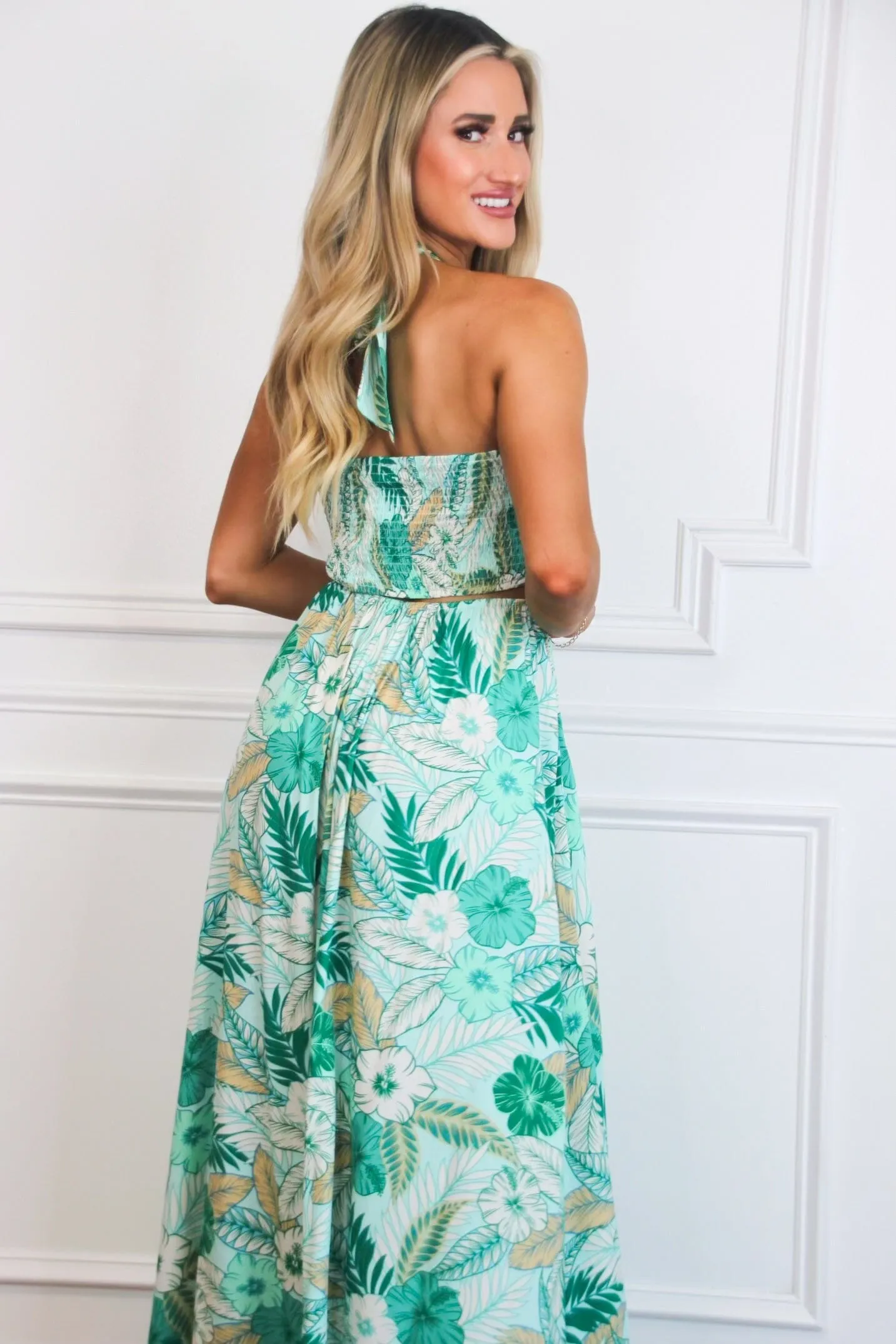 On Vacay Time Halter Cutout Floral Maxi Dress: Light Blue/Green