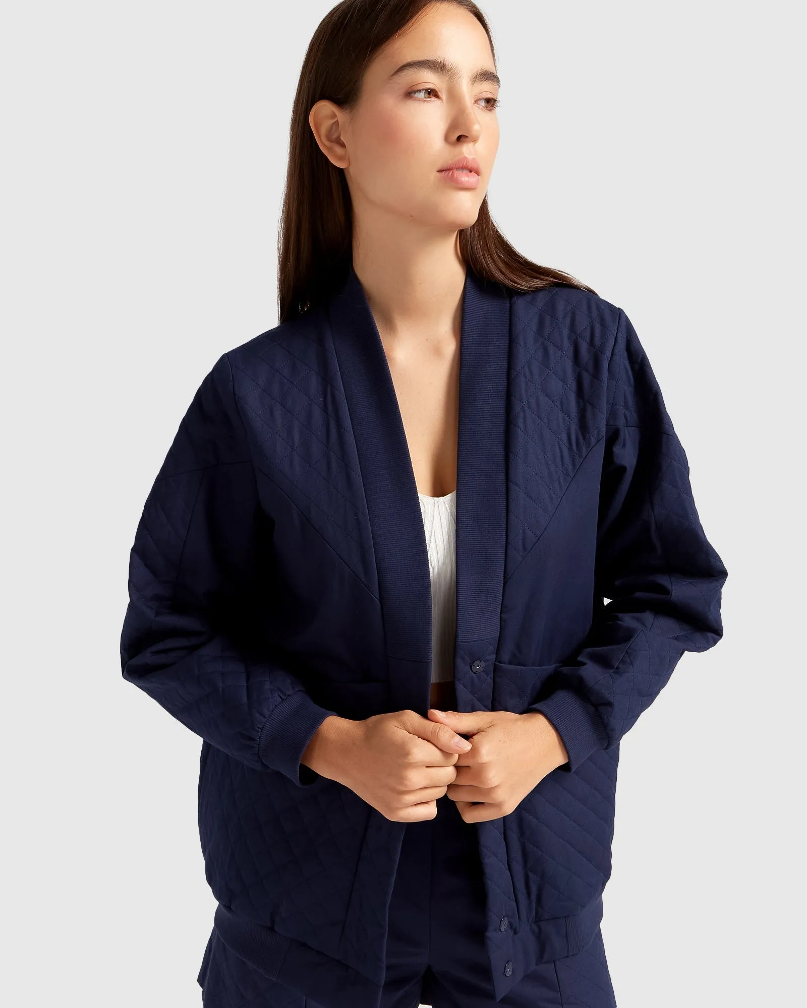 Over It Quilted Bomber - Navy