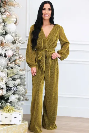 Own the Night Shimmer Long Sleeve Jumpsuit: Gold