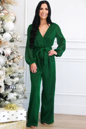 Own the Night Shimmer Long Sleeve Jumpsuit: Green