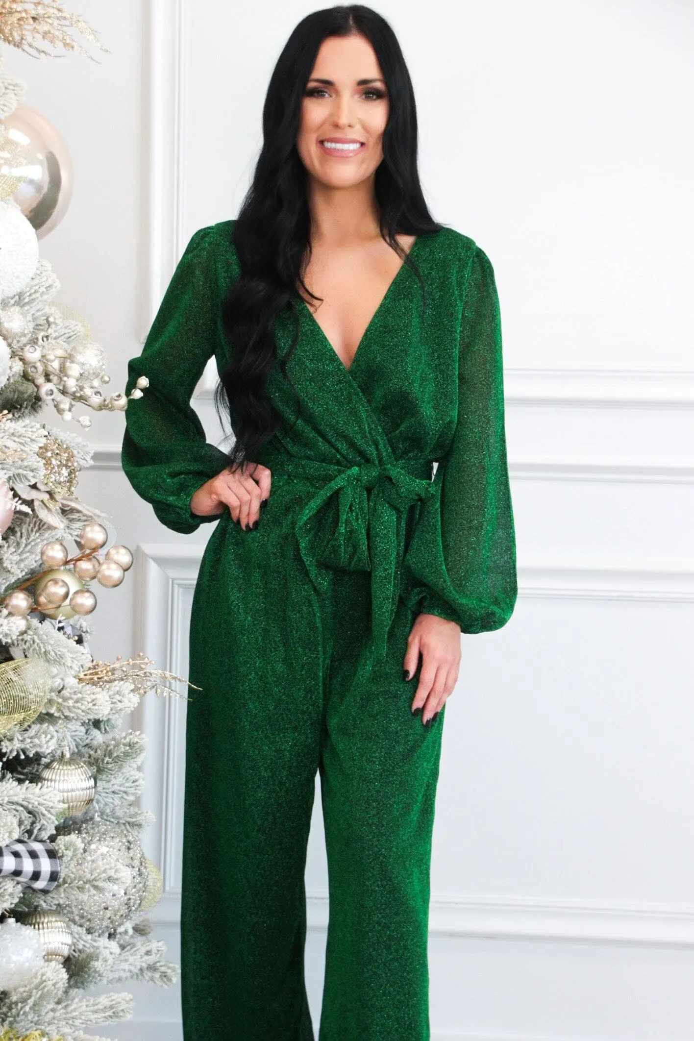 Own the Night Shimmer Long Sleeve Jumpsuit: Green