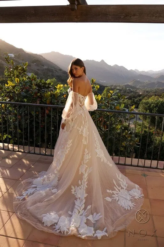 Paisley Floral Applique Lace Bustier Detachable Long Sleeve Ball Gown Wedding Dress: White/Nude
