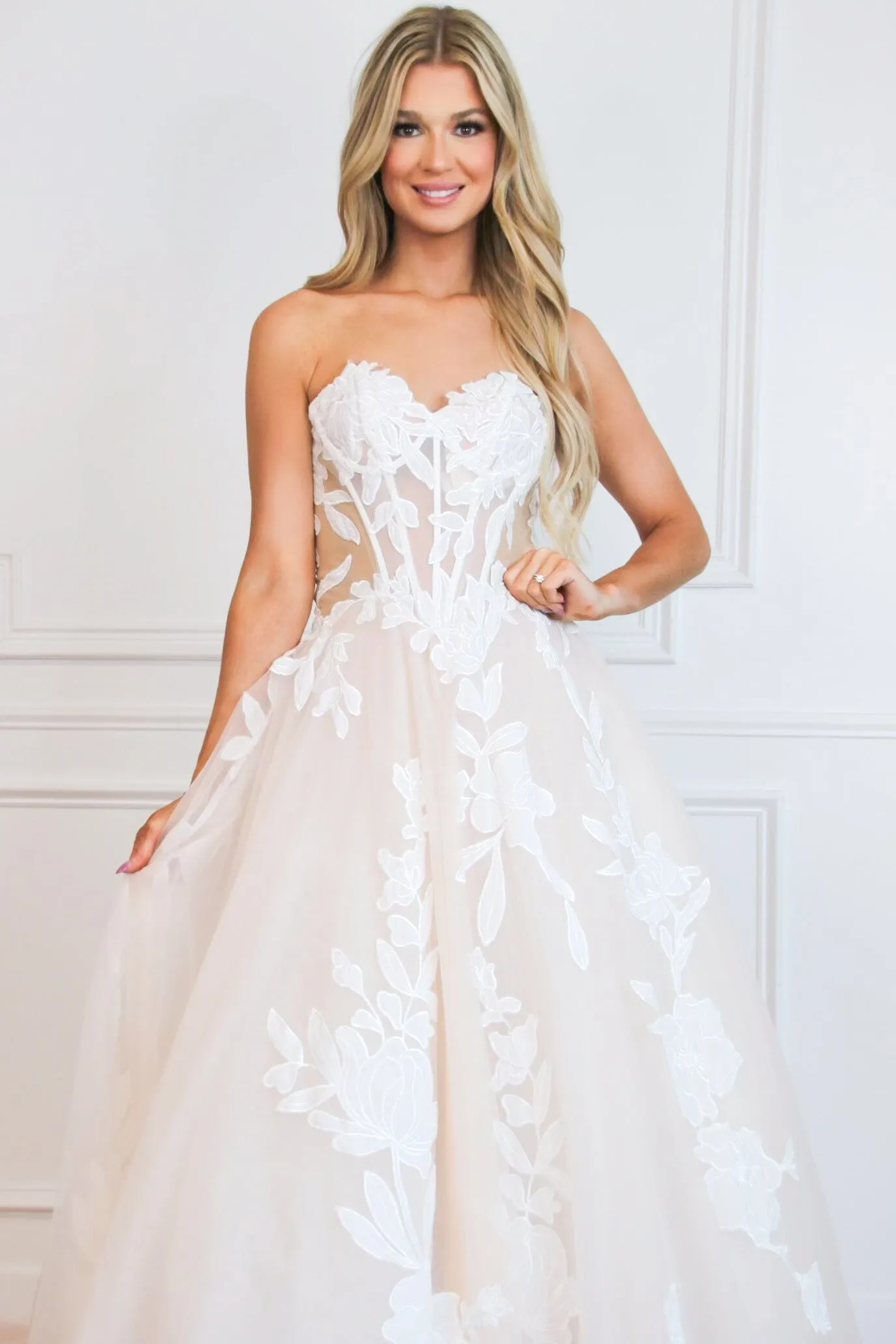 Paisley Floral Applique Lace Bustier Detachable Long Sleeve Ball Gown Wedding Dress: White/Nude