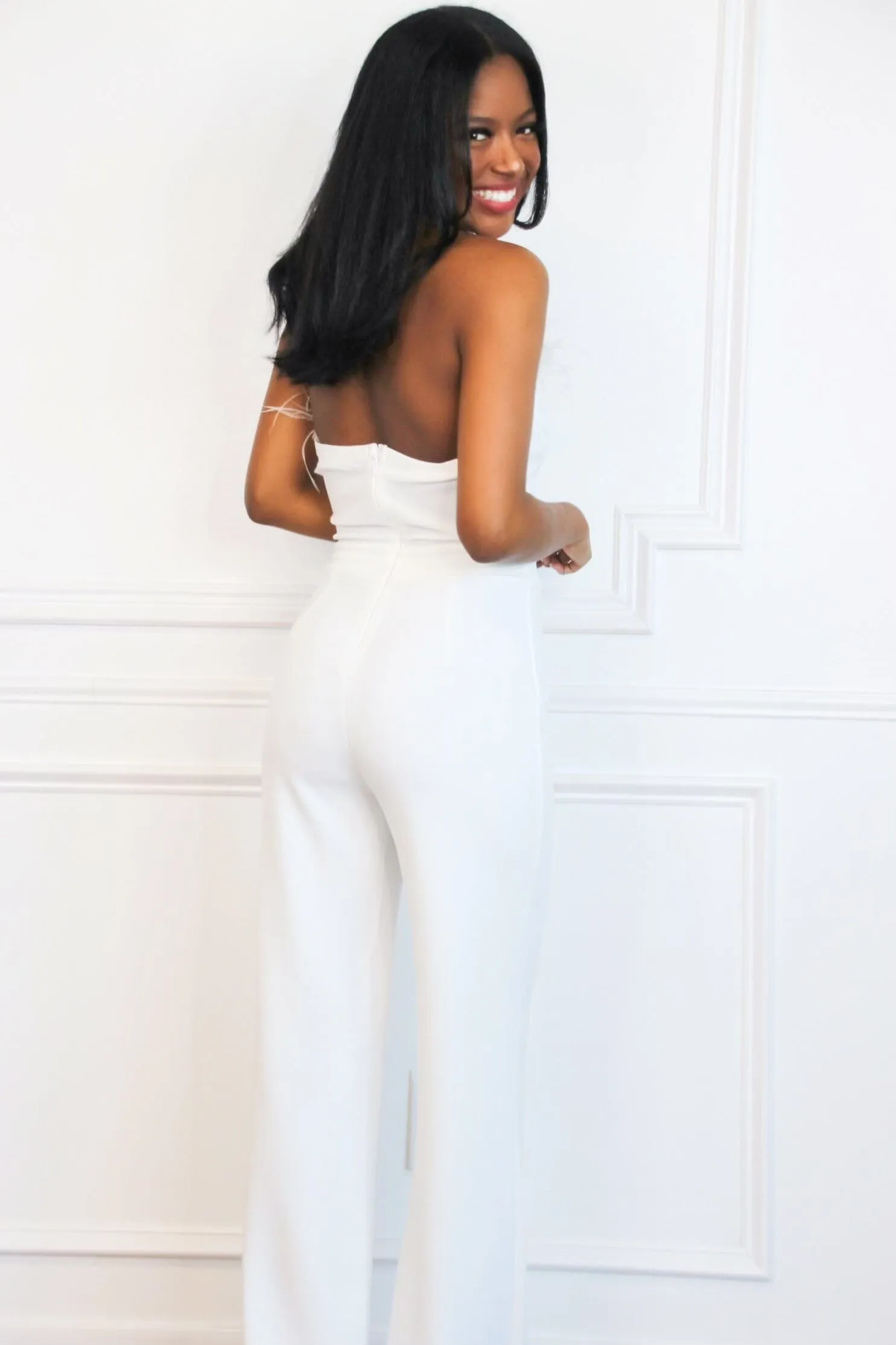 Parisa Embellished Belted Feather Jumpsuit: White