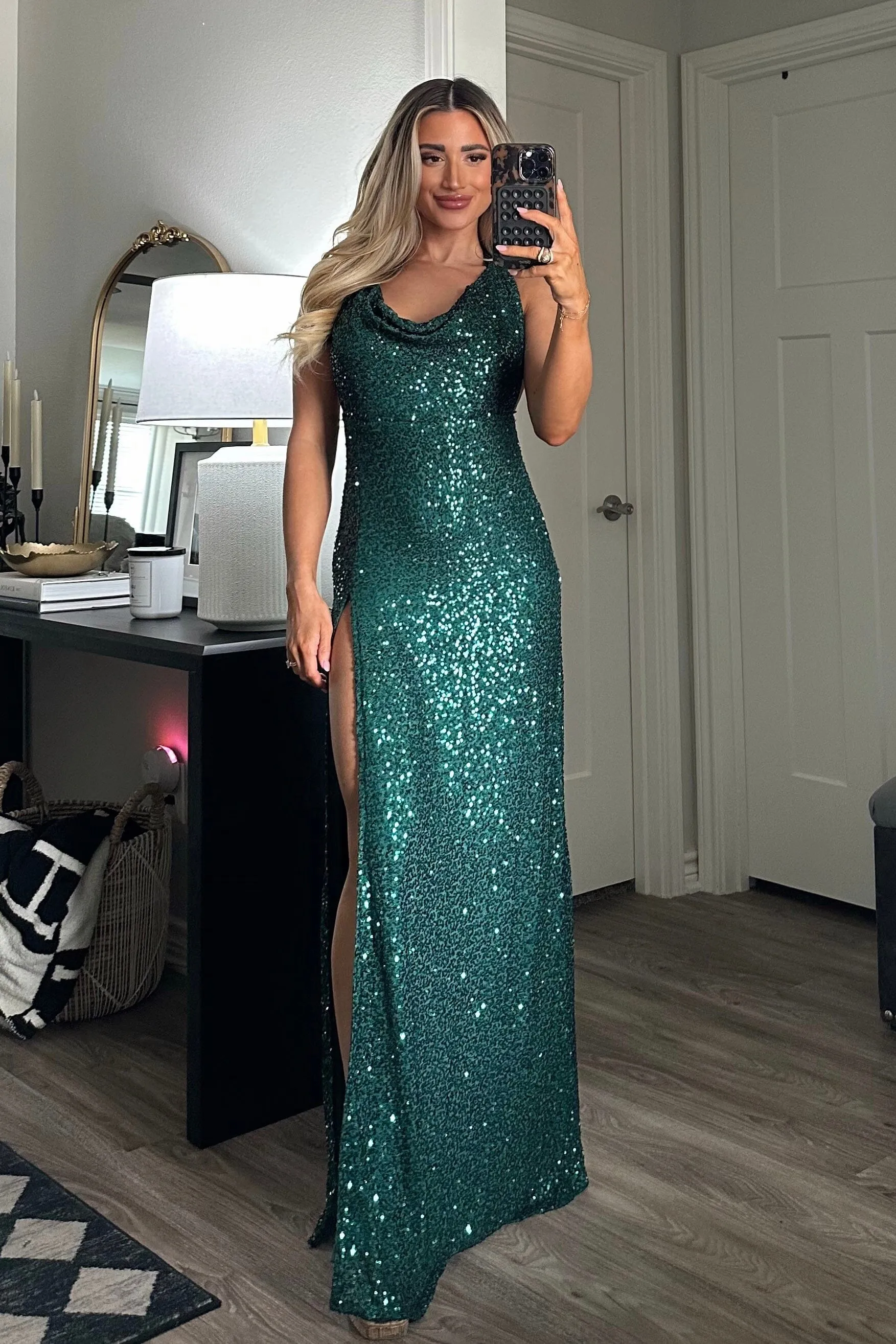 Party Glam Cowl Neck Sequin Maxi Dress: Hunter Green