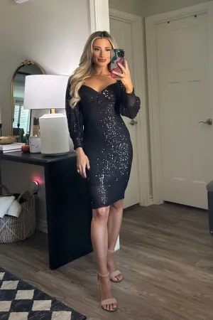 Party Perfection Long Sleeve Sequin Midi Dress: Black