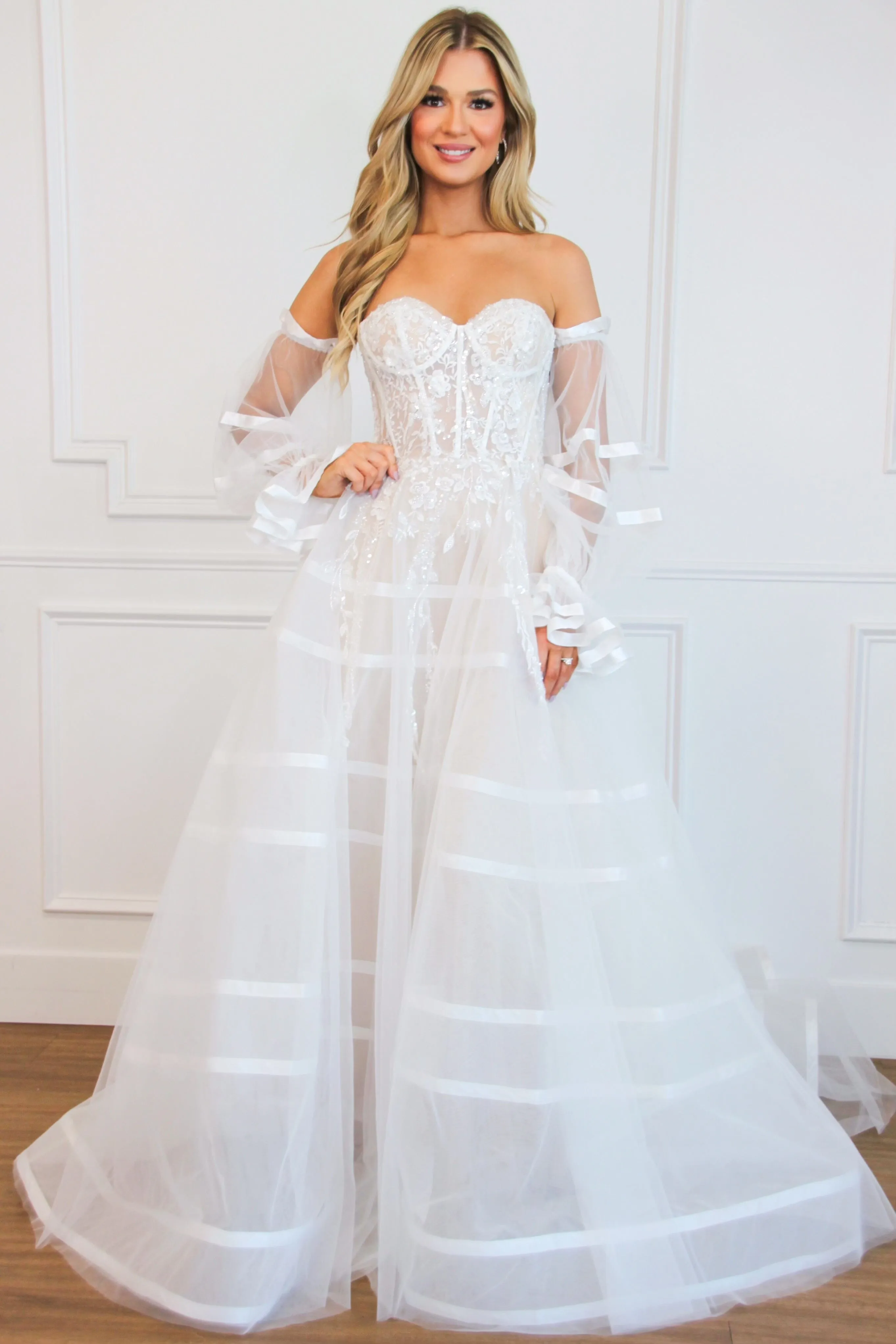 Penelope Detachable Off Shoulder Tulle Lace Bustier Wedding Dress: White/Nude