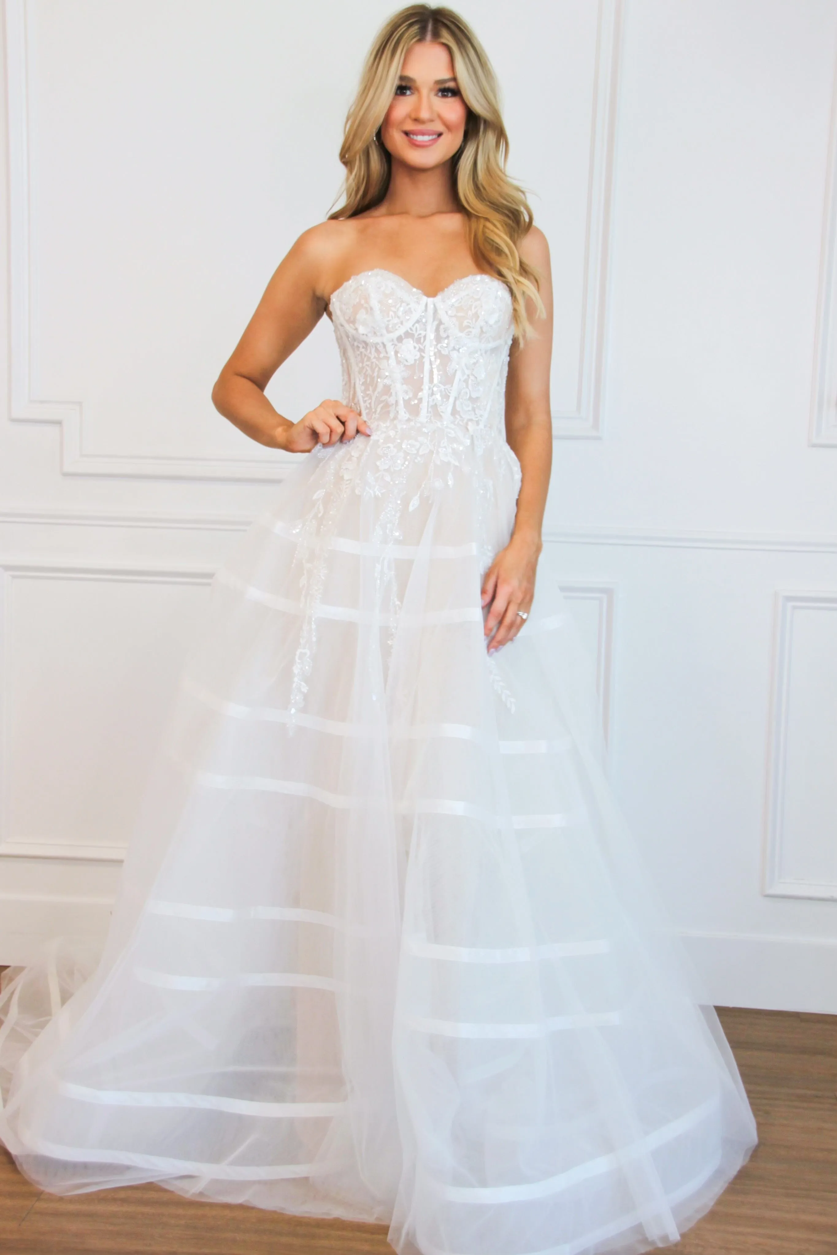 Penelope Detachable Off Shoulder Tulle Lace Bustier Wedding Dress: White/Nude
