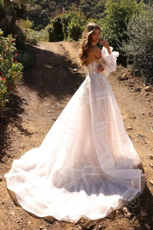 Penelope Detachable Off Shoulder Tulle Lace Bustier Wedding Dress: White/Nude