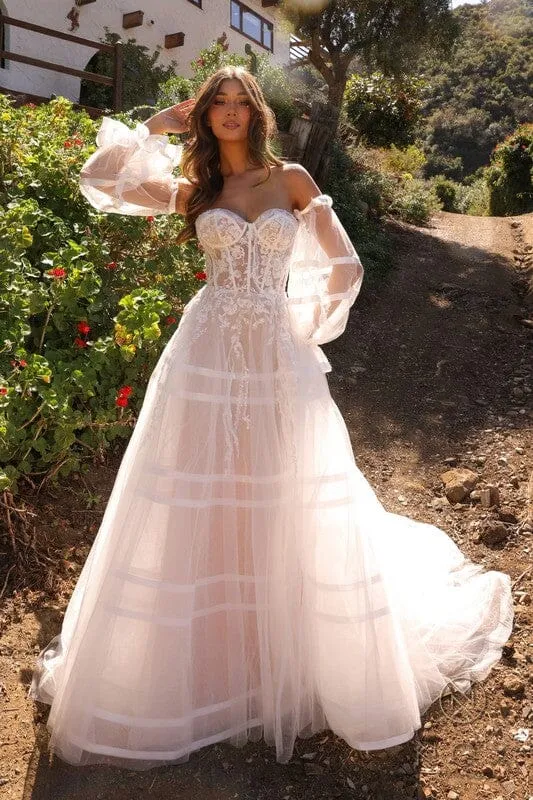 Penelope Detachable Off Shoulder Tulle Lace Bustier Wedding Dress: White/Nude