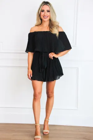 Piper Pleated Off Shoulder Romper: Black