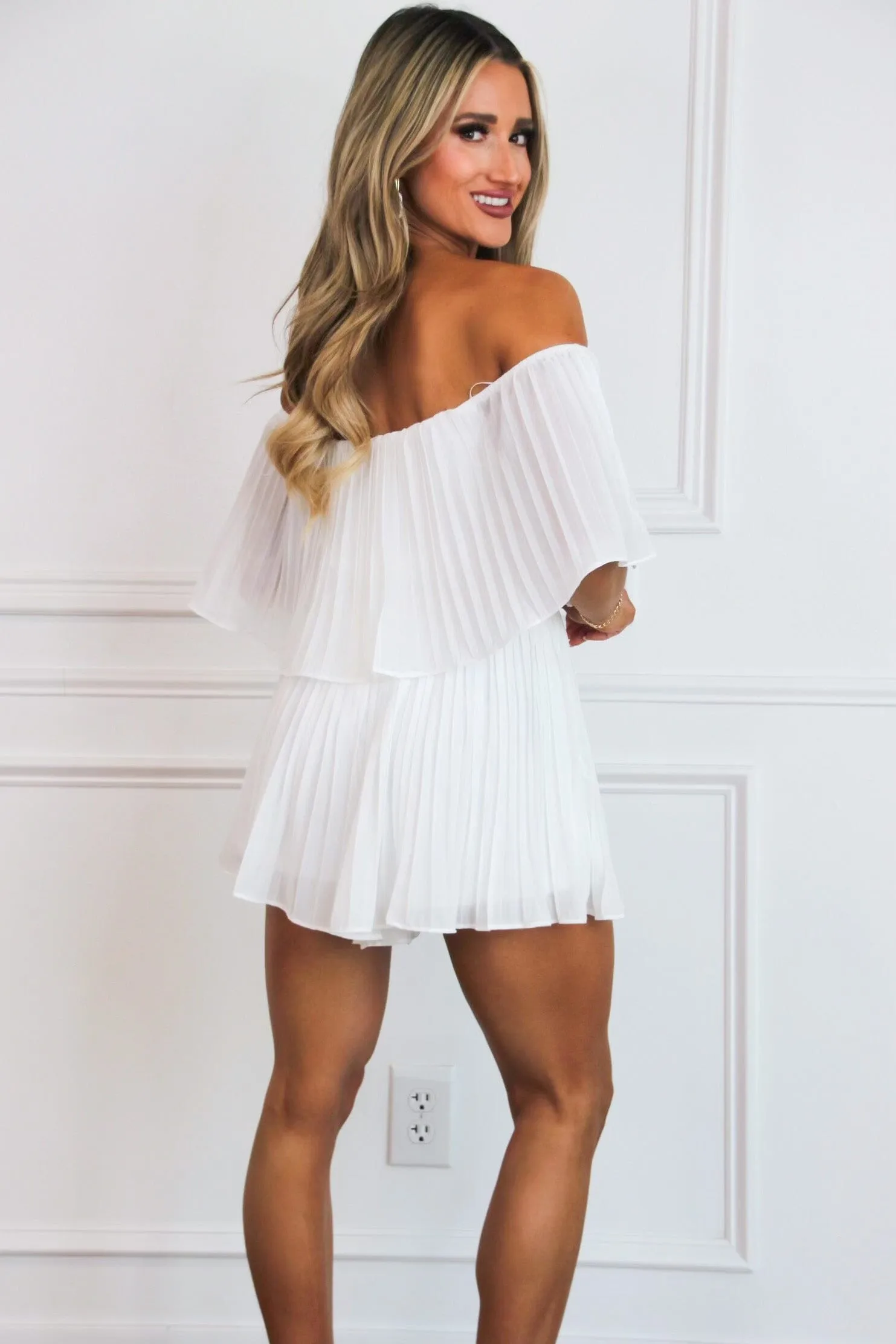 Piper Pleated Off Shoulder Romper: White
