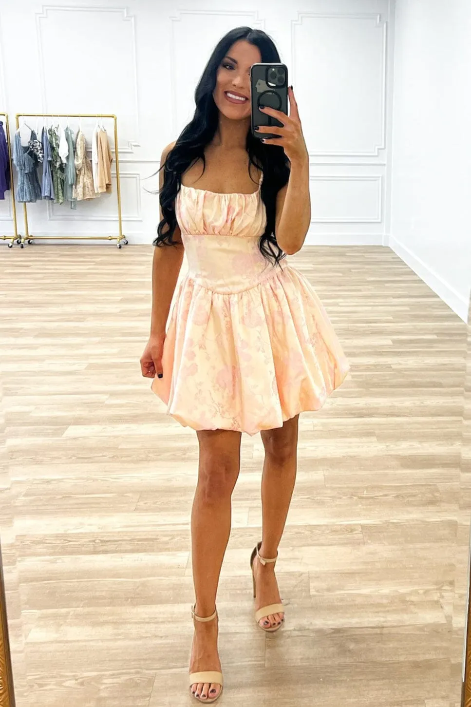 Posie Satin Bubble Hem Mini Dress: Peach