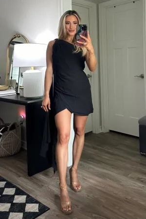 Pretty Little Devil Drape One Shoulder Dress: Black