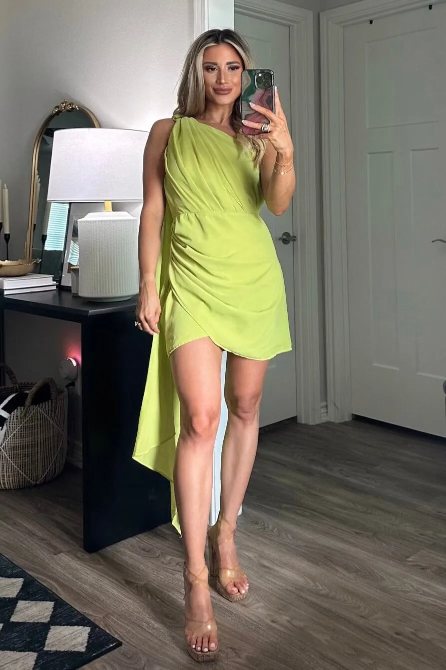 Pretty Little Devil Drape One Shoulder Dress: Lime