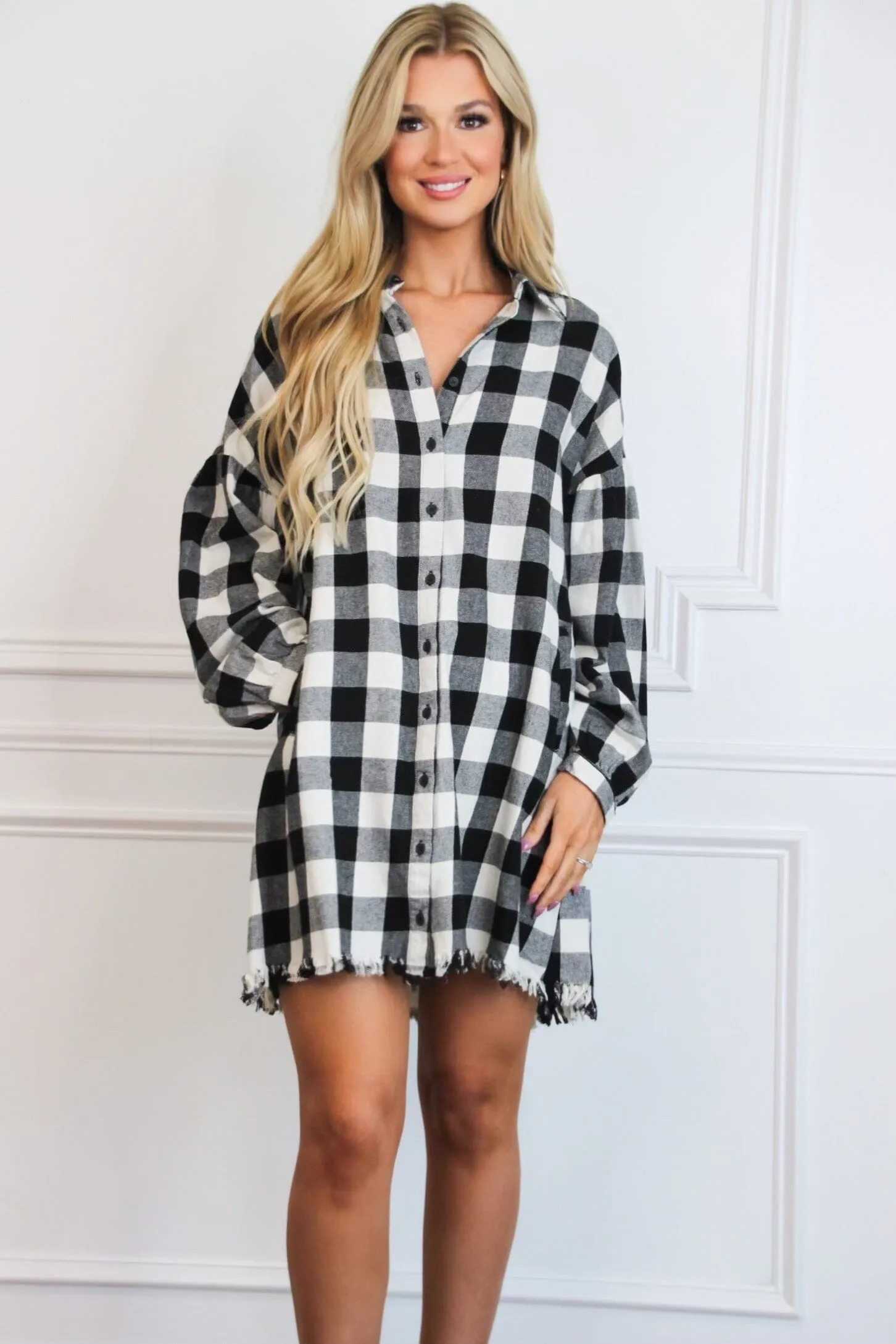 Pumpkin Patch Plaid Shirt Dress: Black/White