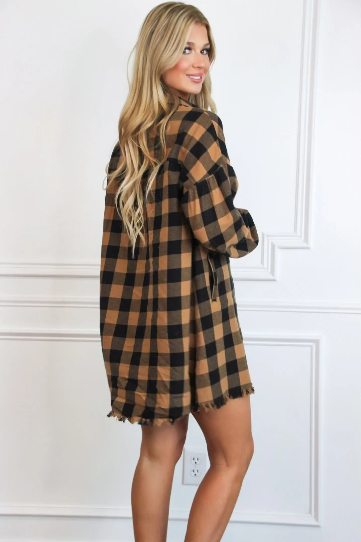 Pumpkin Patch Plaid Shirt Dress: Camel/Black
