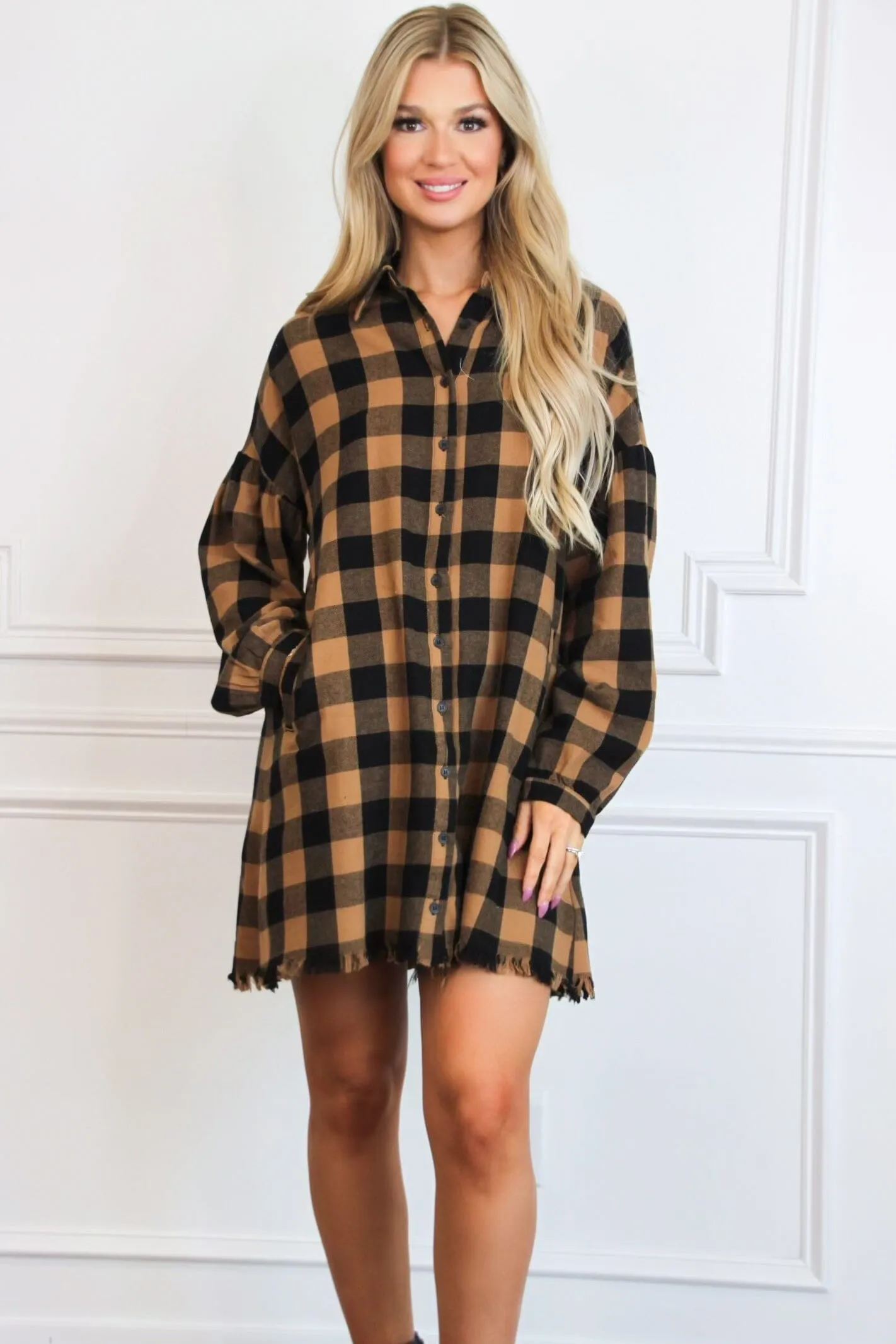 Pumpkin Patch Plaid Shirt Dress: Camel/Black