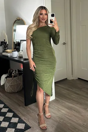 Quinn One Shoulder Ruched Midi Dress: Olive