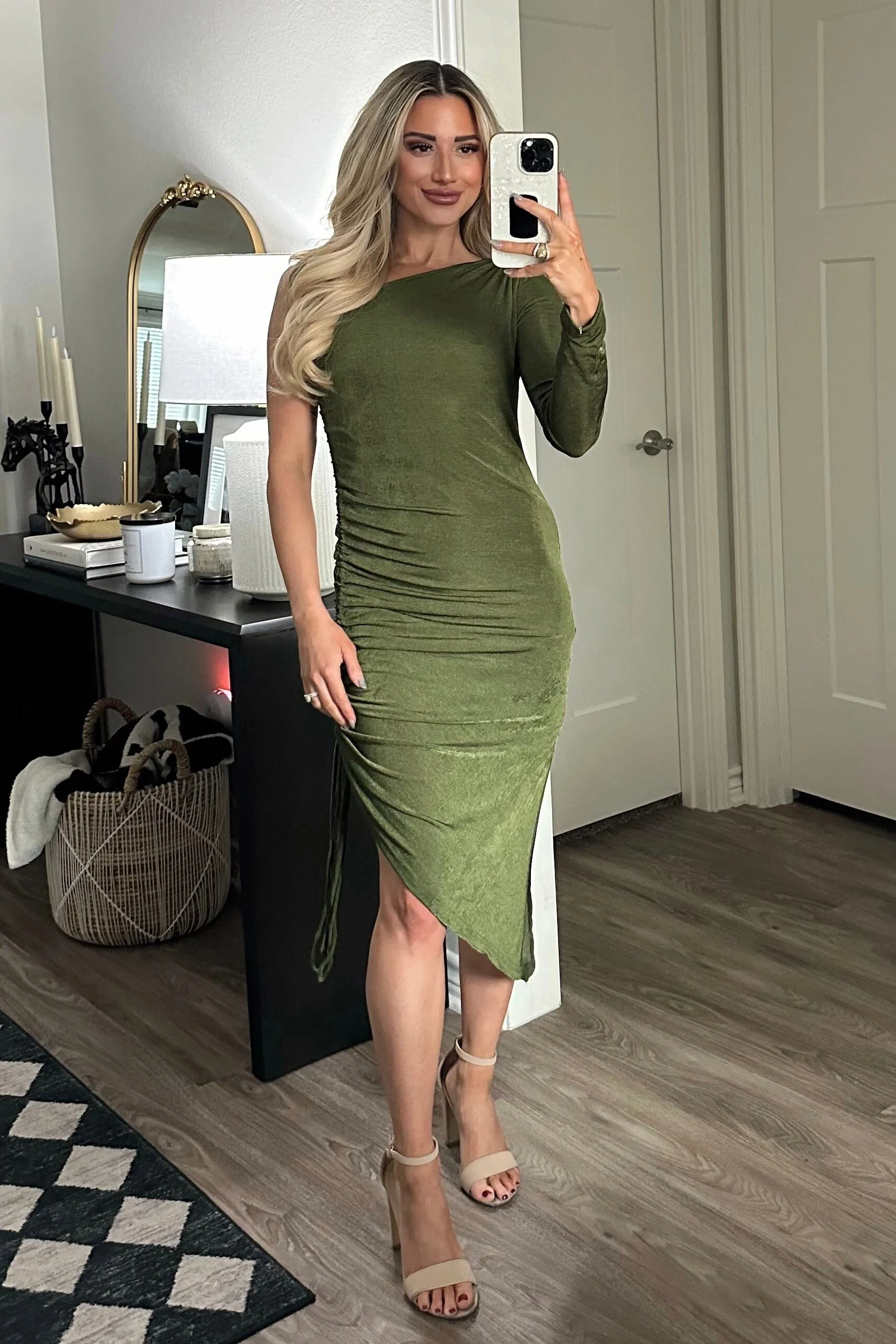 Quinn One Shoulder Ruched Midi Dress: Olive