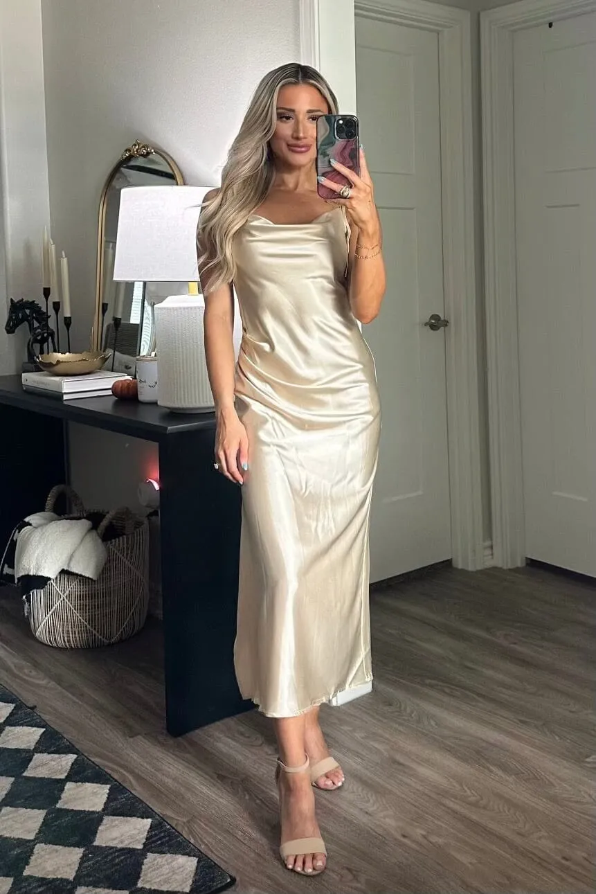 Racing Hearts Satin Midi Dress: GOLDEN Champagne