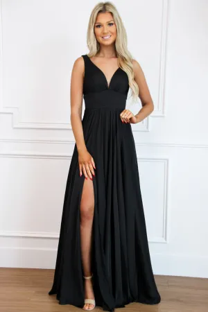 Remi Satin V-Neck Slit Formal Dress: Black