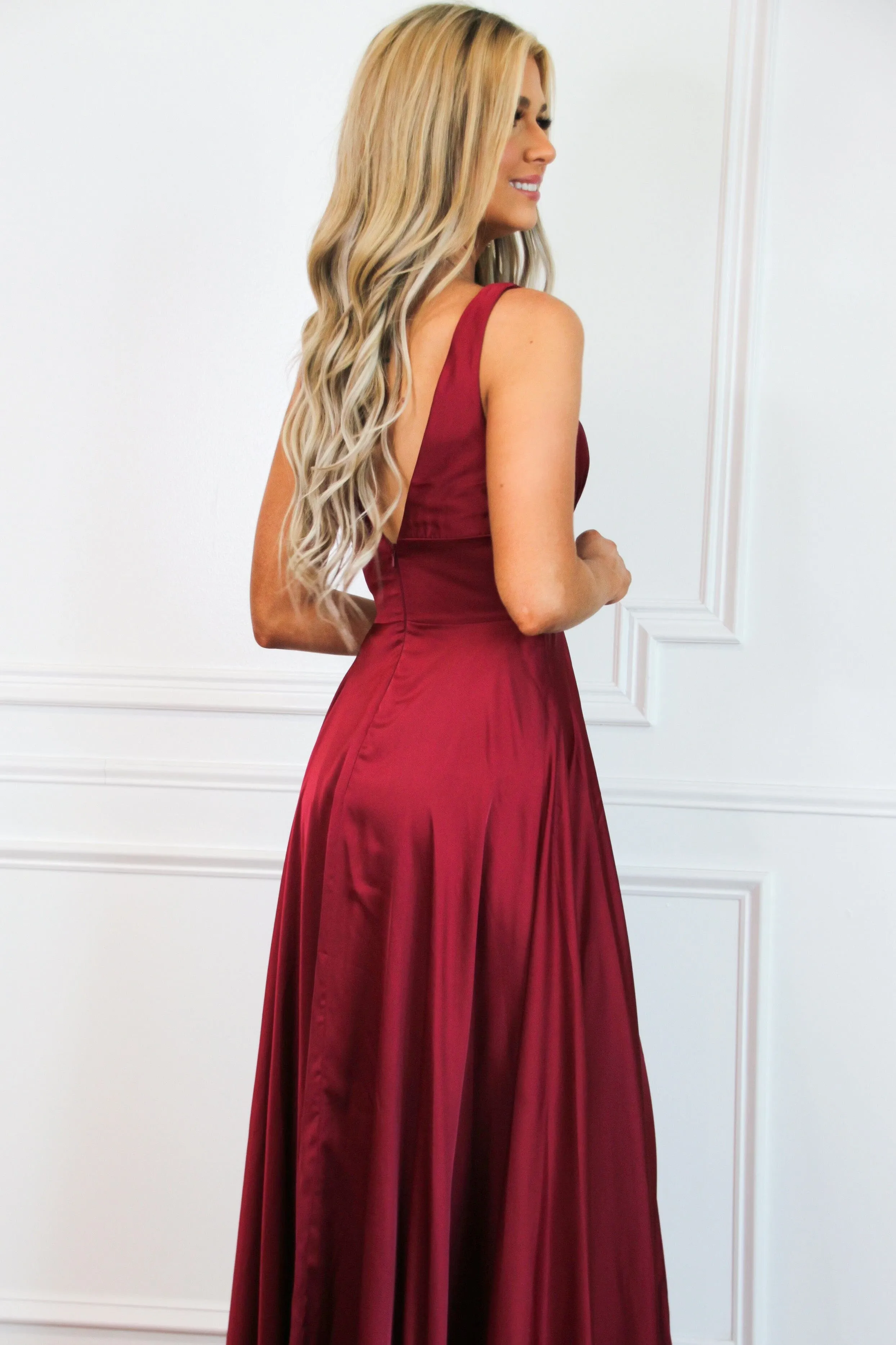 Remi Satin V-Neck Slit Formal Dress: Burgundy