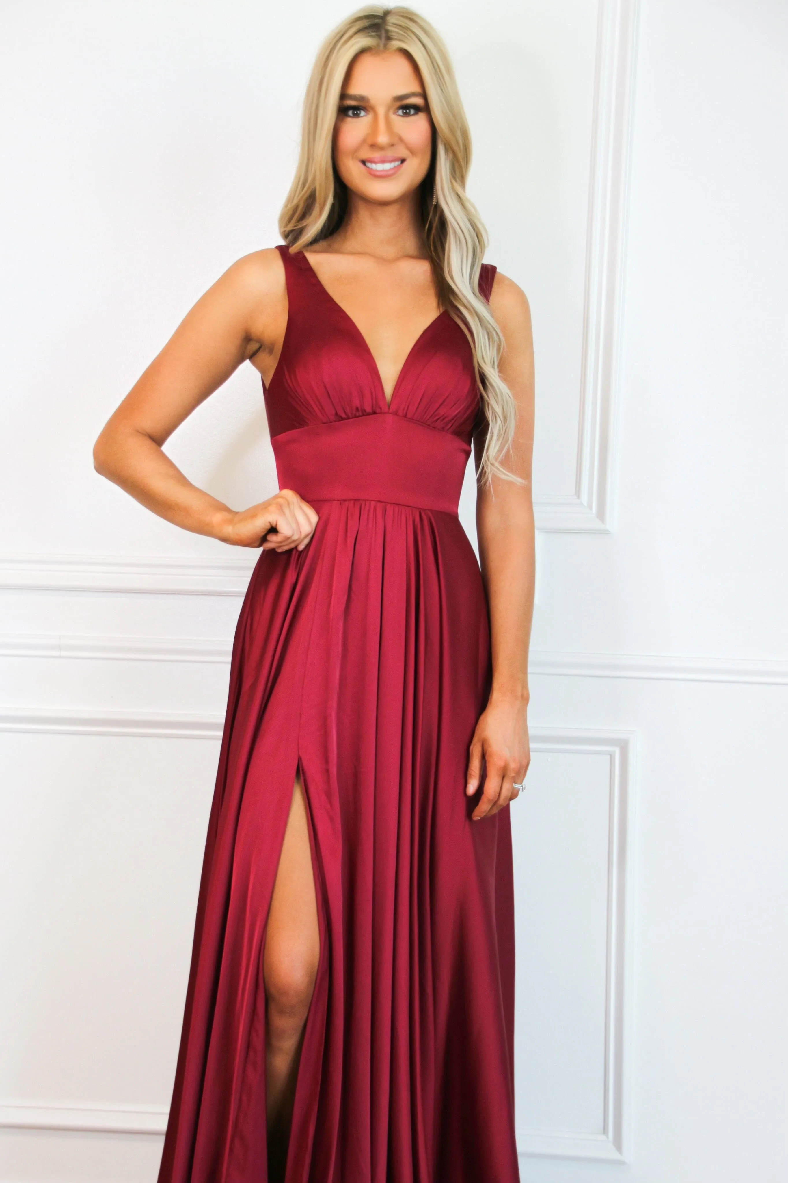 Remi Satin V-Neck Slit Formal Dress: Burgundy