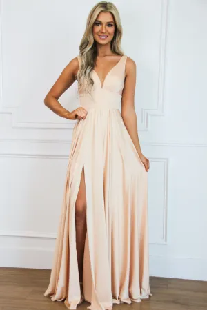 Remi Satin V-Neck Slit Formal Dress: Champagne
