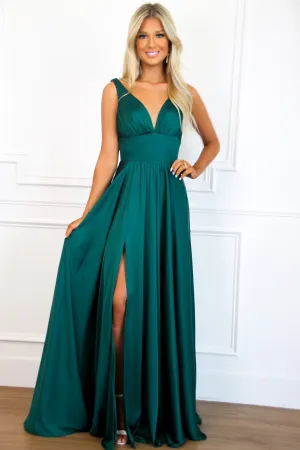 Remi Satin V-Neck Slit Formal Dress: Emerald
