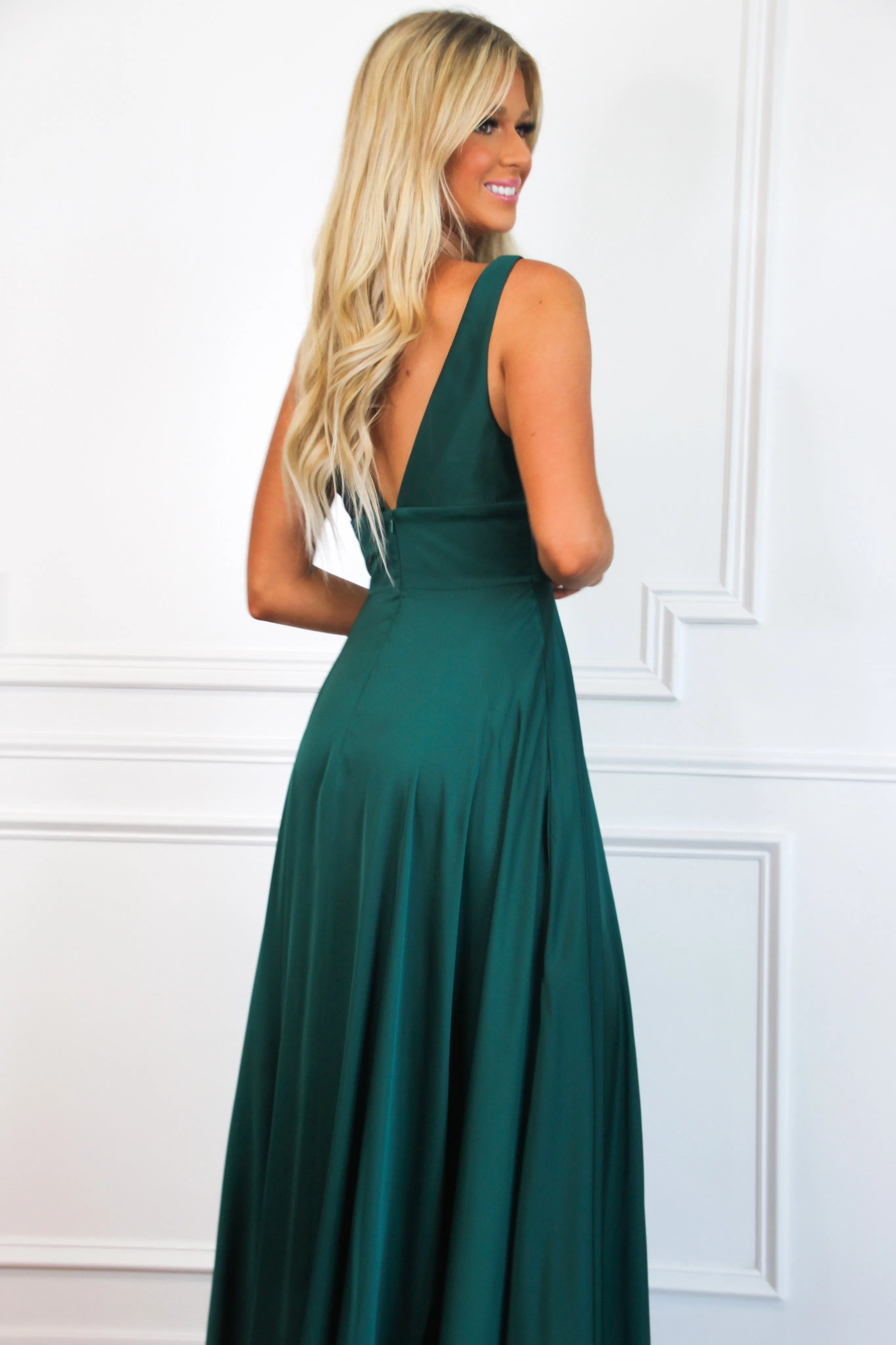 Remi Satin V-Neck Slit Formal Dress: Emerald