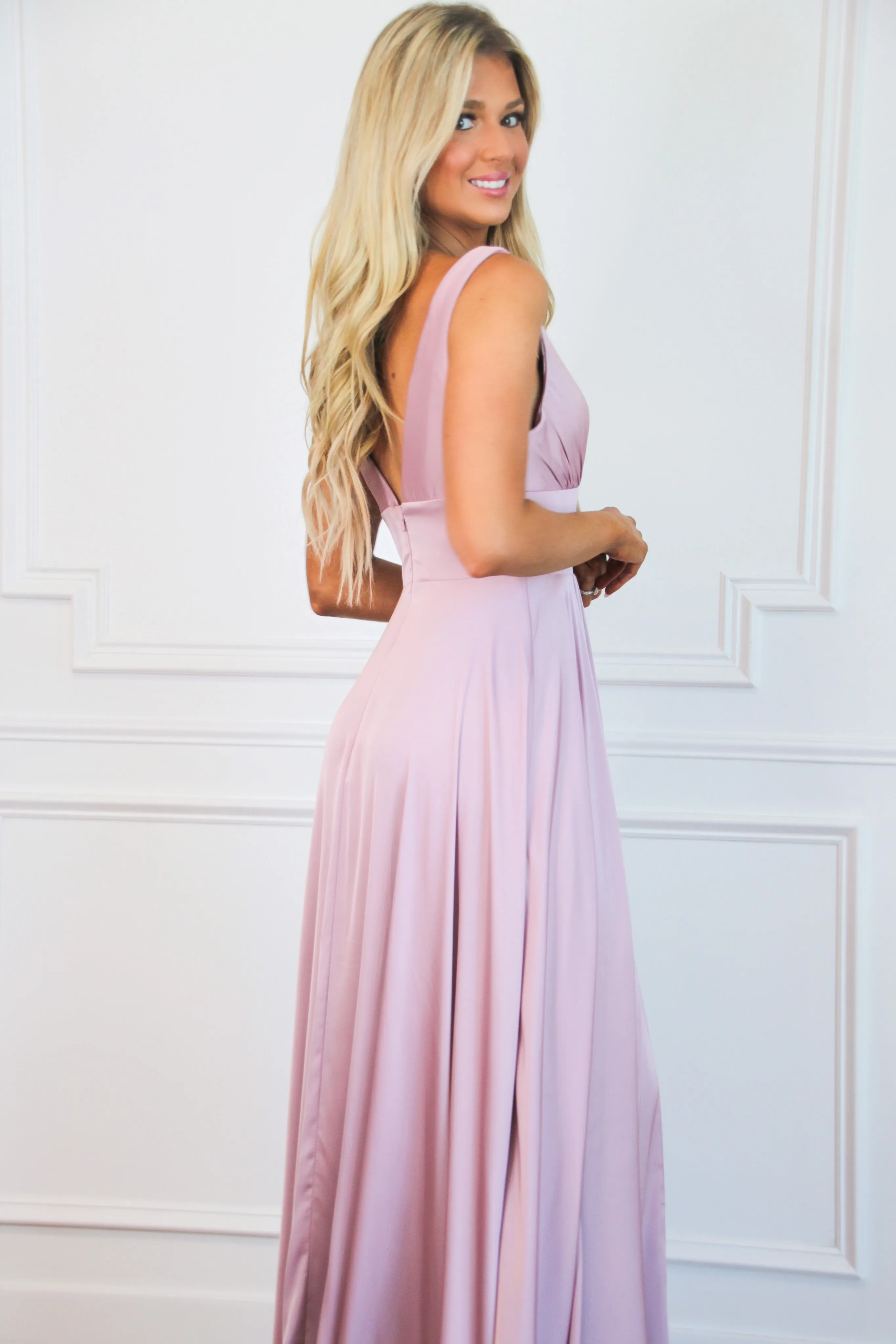 Remi Satin V-Neck Slit Formal Dress: Mauve