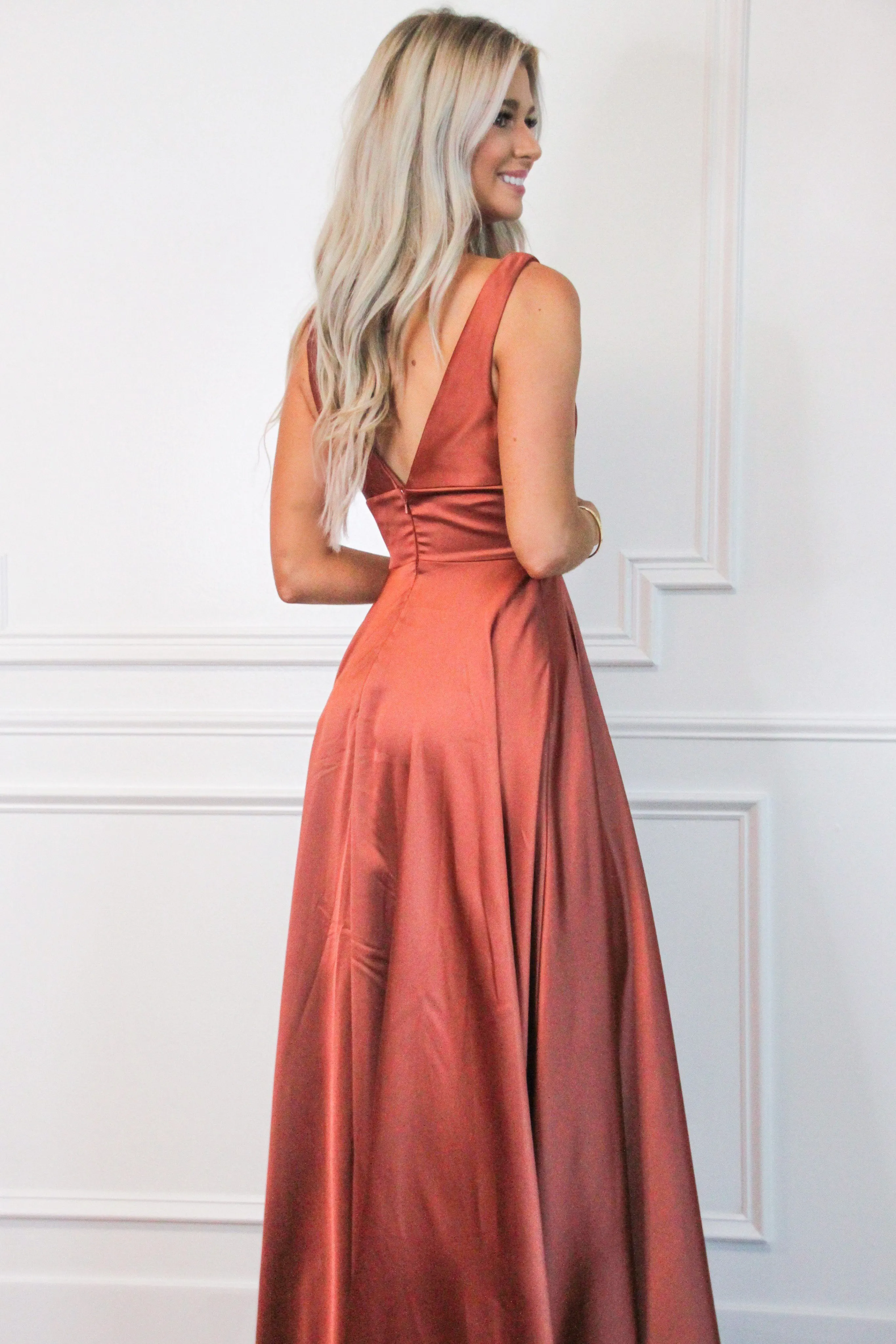 Remi Satin V-Neck Slit Formal Dress: Rust