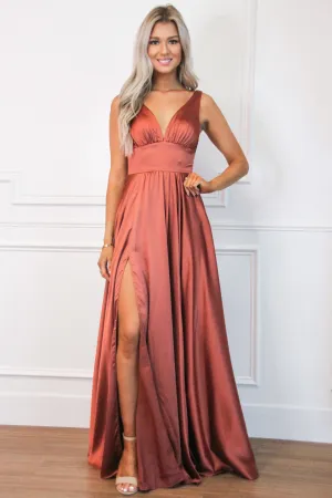 Remi Satin V-Neck Slit Formal Dress: Rust