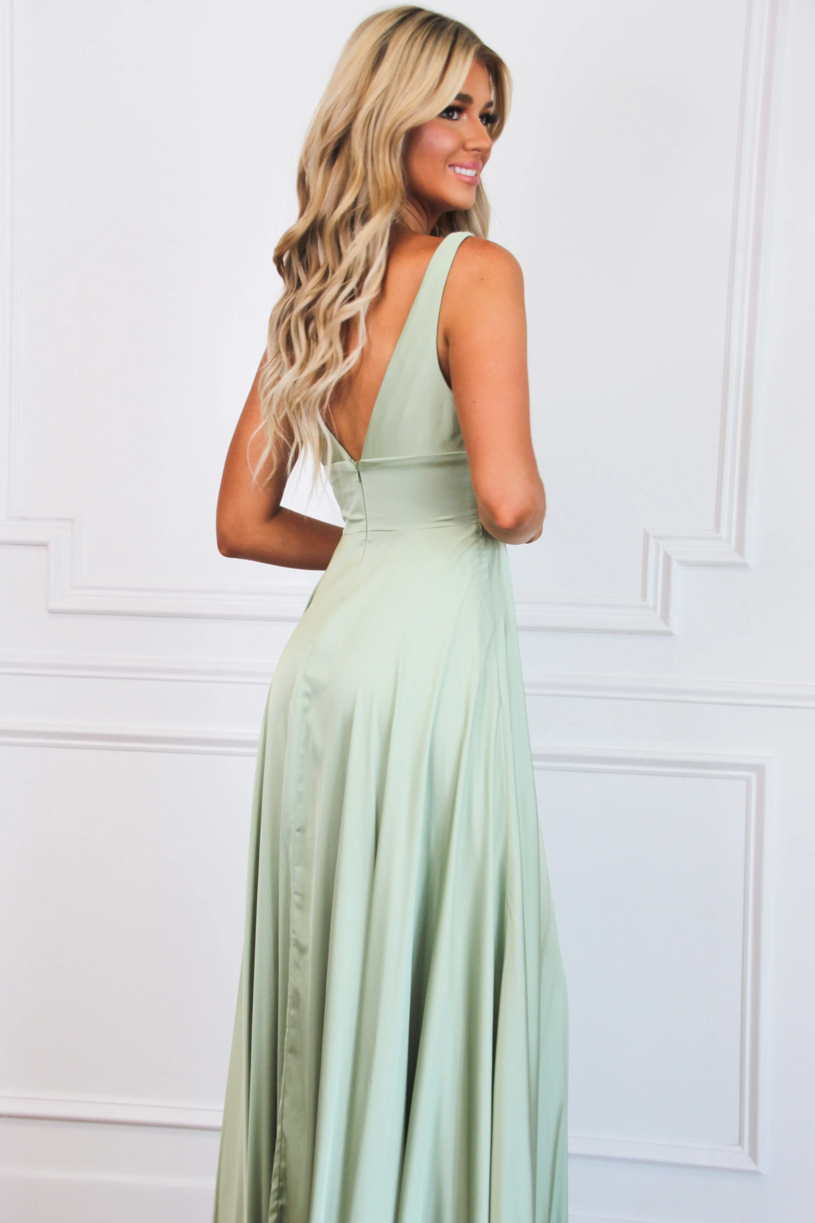 Remi Satin V-Neck Slit Formal Dress: Sage